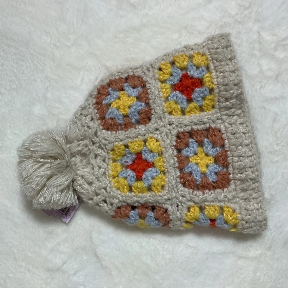 Red and Yellow Granny Square Hat with Pom-Pom